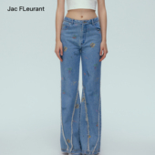 JAC 蓝色花卉毛边百搭休闲设计清新牛仔裤 FLEURANT 王玉雯同款