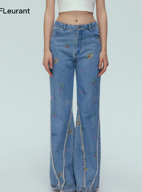 JAC FLEURANT【王玉雯同款】蓝色花卉毛边百搭休闲设计清新牛仔裤