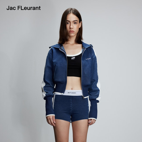 JAC FLEURANT秋冬新品侧边白条牛仔拉链衫织带牛仔短裤套装