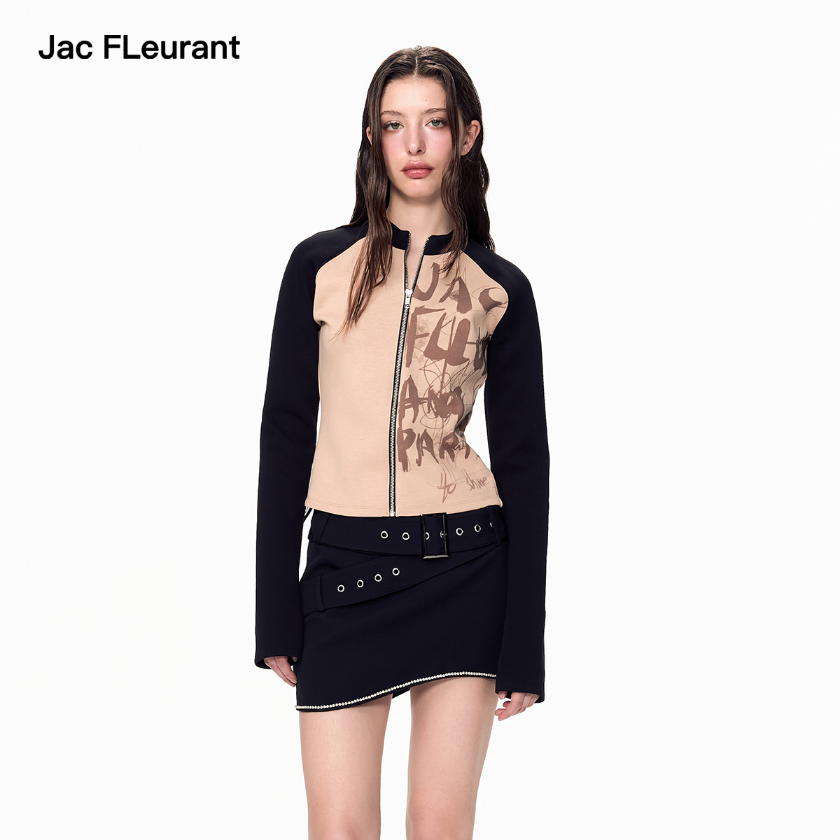 JAC FLEURANT新款百搭黑棕时尚不对称印花插肩袖拉链上衣