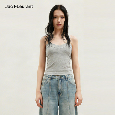 JAC FLEURANT2026夏季新款灰色烫钻Logo吊带背心女士短款设计感