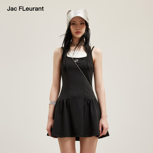 JAC FLEURANT2026夏季新款黑白拼色挂脖吊带连衣裙女士无袖A字裙