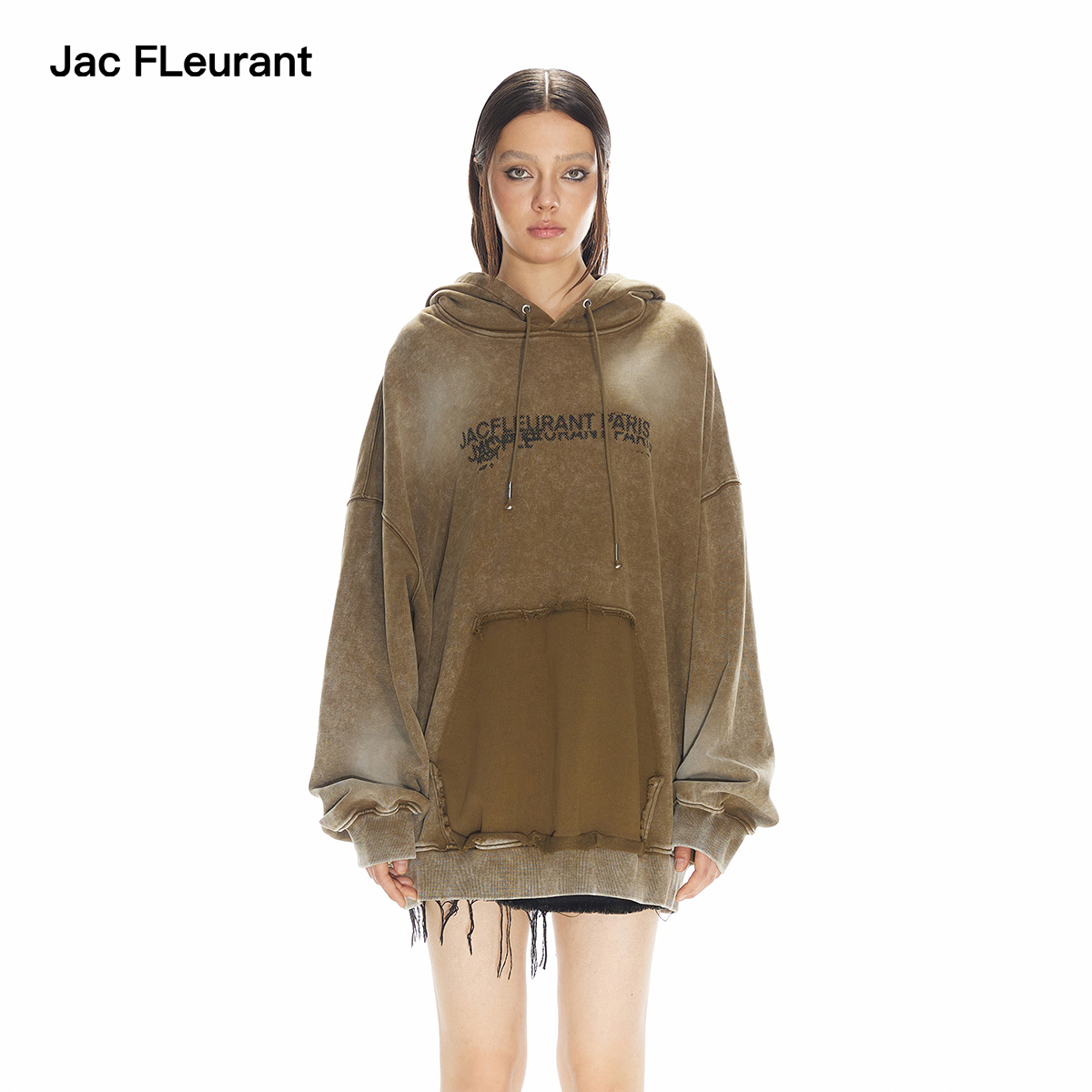 JAC FLEURANT【葛鑫怡同款】水洗芥末绿口袋撕裂LOGO帽衫宽松款