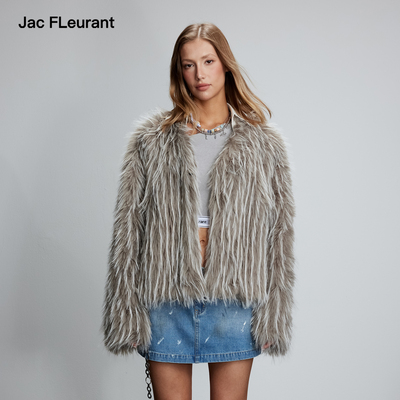 JAC FLEURANT新款衬衣领环保仿皮草外套女百搭宽松短款冬装厚