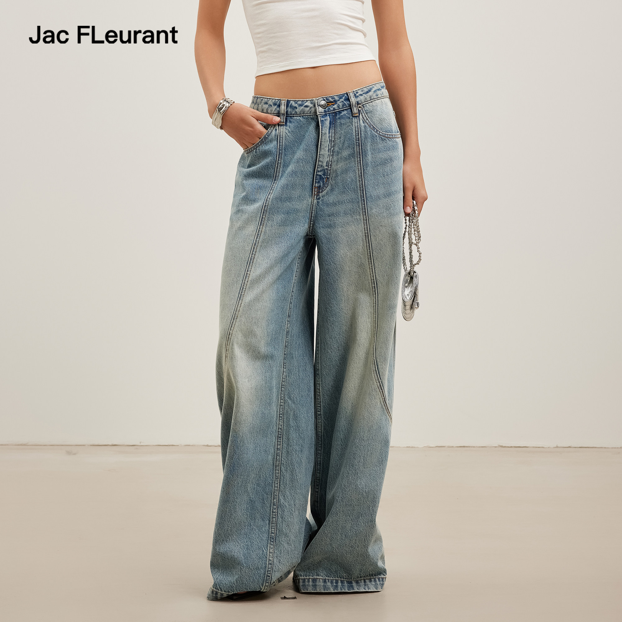 JAC FLEURANT2026春夏新款背后烫钻牛仔裤女蓝色阔腿裤显瘦复古