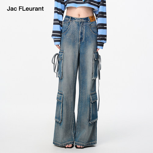 JAC FLEURANT【周深梓渝孟子义李兰迪同款】烫钻工装口袋牛仔裤