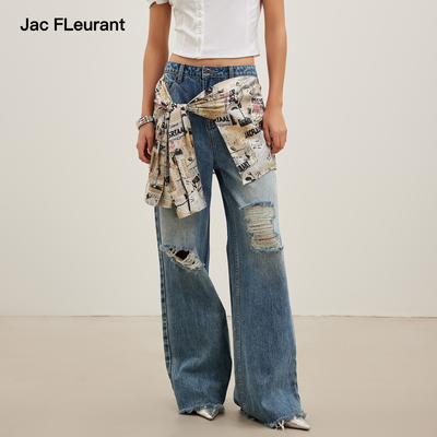 JAC FLEURANT2026春夏新款时尚海报印花绑带蓝色破洞时髦牛仔裤