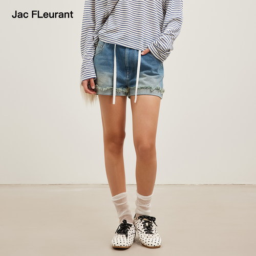 JAC FLEURANT2026夏季新款蓝色水洗抽绳翻边女士牛仔短裤百搭