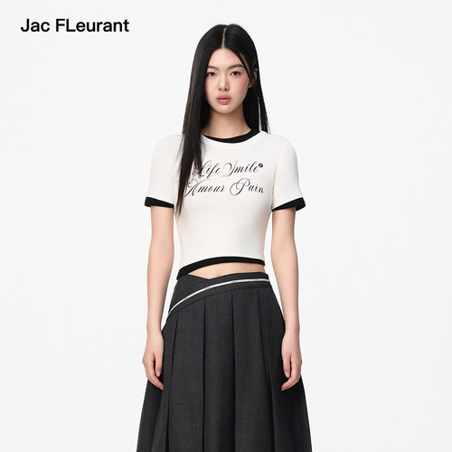 JAC FLEURANT夏季新款T恤女黑白拼接修身印花短T时尚显瘦上衣