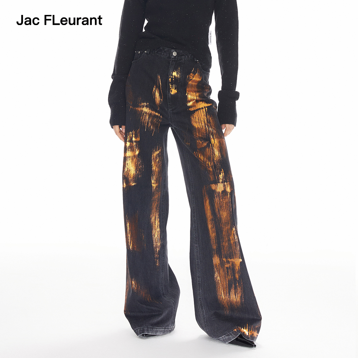JAC FLEURANT【华晨宇同款】黑色水洗烫金直筒牛仔裤女设计款