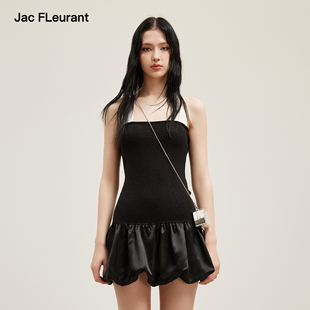 JAC FLEURANT2026夏季新款撞色拼接挂脖连衣裙女士简约修身蓬蓬裙
