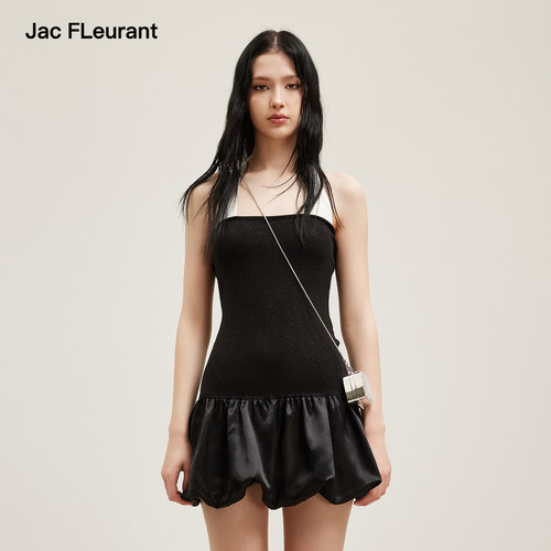 JAC FLEURANT2026夏季新款撞色拼接挂脖连衣裙女士简约修身蓬蓬裙