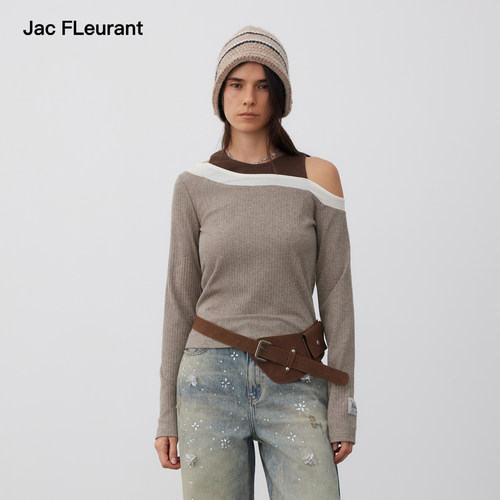 JAC FLEURANT2026秋季新款假两件露肩撞色针织衫女休闲长袖上衣