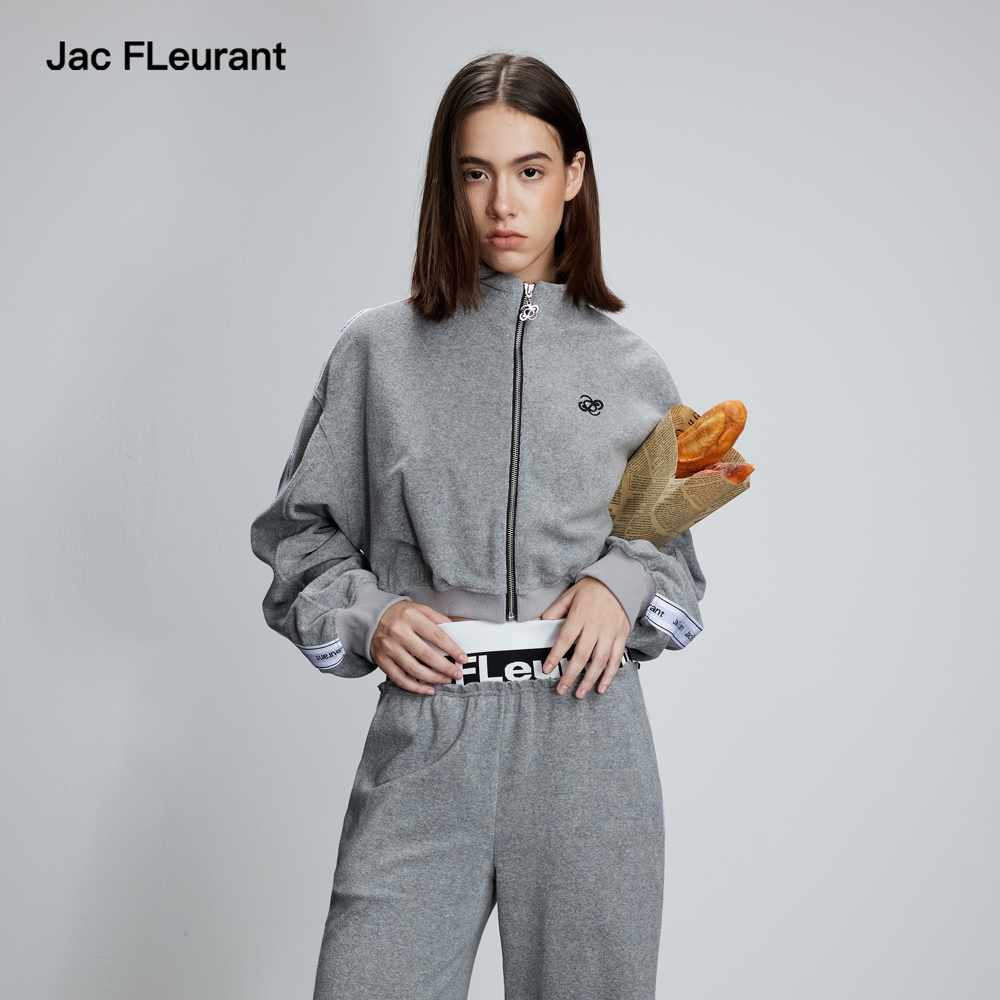 JAC FLEURANT25新品灰色织带LOGO拉链上衣双腰拼接长裤毛巾套装