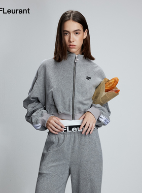 JAC FLEURANT新品灰色织带LOGO拉链上衣双腰拼接长裤毛巾套装