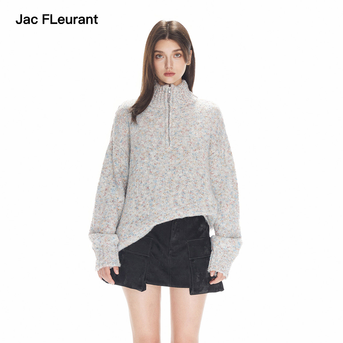JAC FLEURANT秋冬新款花色半高领拉链毛衣宽松时尚厚针织衫女,女装/女士精品,毛衣,淘宝优惠券,粉丝福利购,淘宝优惠卷