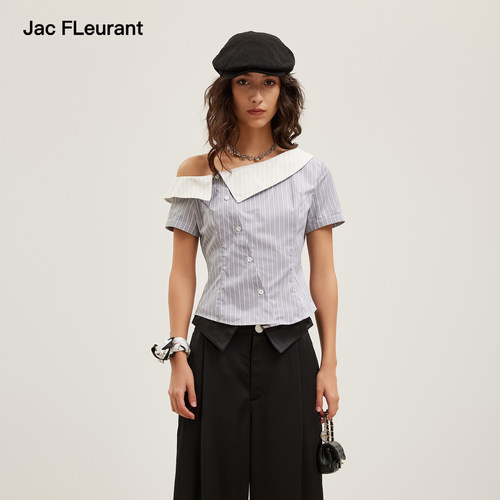 JAC FLEURANT2026夏季新款法式斜肩拼接条纹不对称短袖衬衫上衣