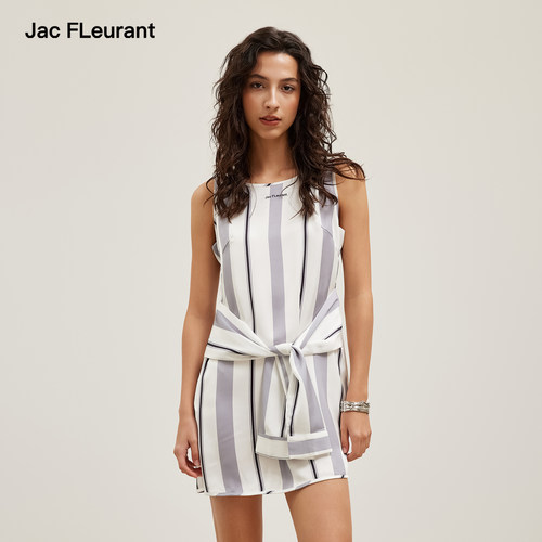 JAC FLEURANT2026夏季新款条纹缎面无袖背心绑带打结连衣裙女士