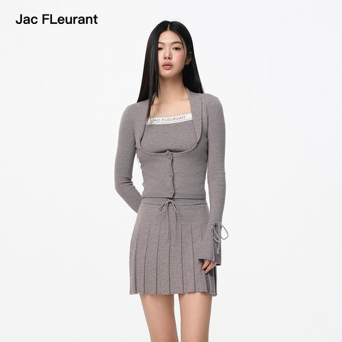 JAC FLEURANT秋季新款绑带假两件针织上衣短裙套装灰色蓝色