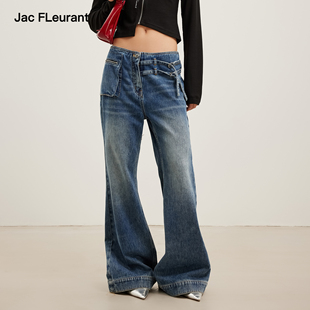 立体复古口袋绑带女士微喇宽松牛仔裤 FLEURANT2026春夏新款 JAC
