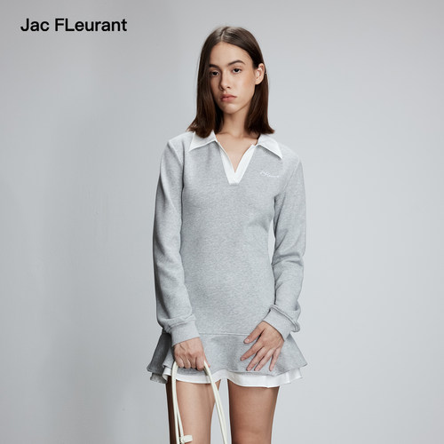 JAC FLEURANT【金秋天同款】灰白拼接荷叶边卫衣连衣裙时尚减龄
