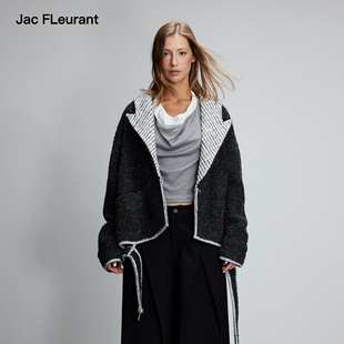 JAC 撞色条纹拼接羊毛羊驼毛翻领腰带外套 FLEURANT2025秋冬新款