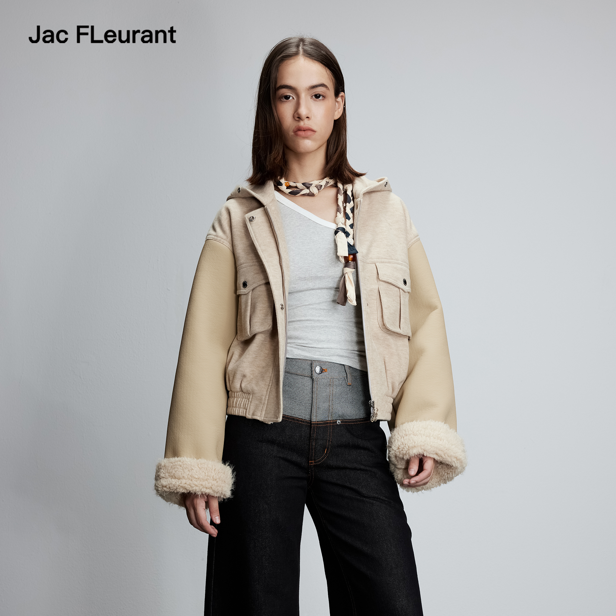 JAC FLEURANT2025秋冬新品拼色连帽棉服时尚简约百搭