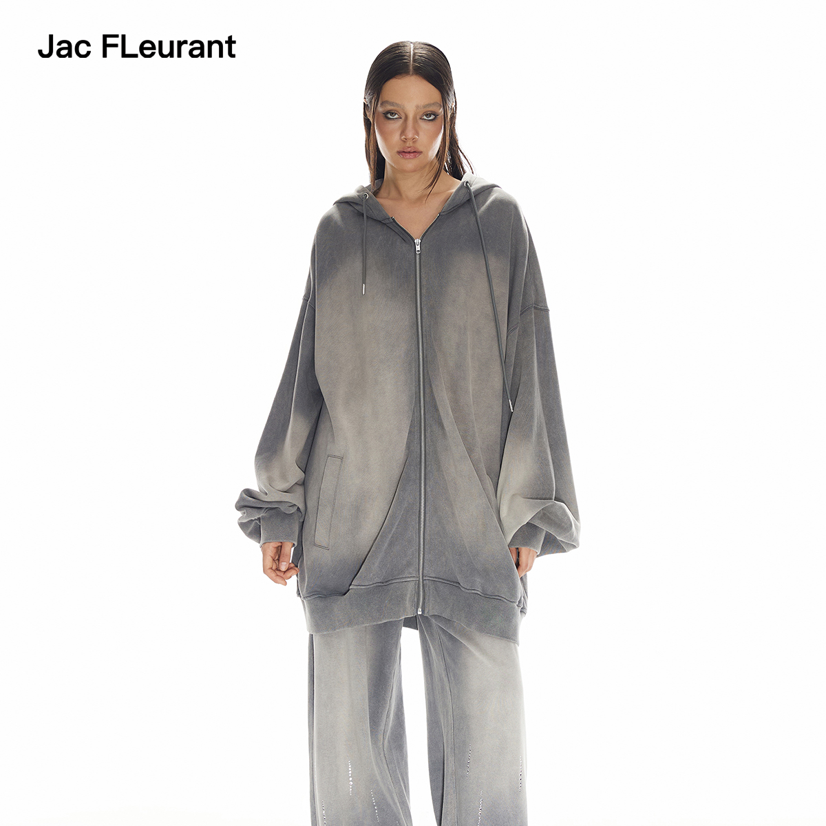 JAC FLEURANT灰色水洗宽松帽衫烫钻阔腿运动裤时髦套装
