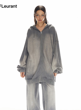 JAC FLEURANT灰色水洗宽松帽衫烫钻阔腿运动裤时髦套装