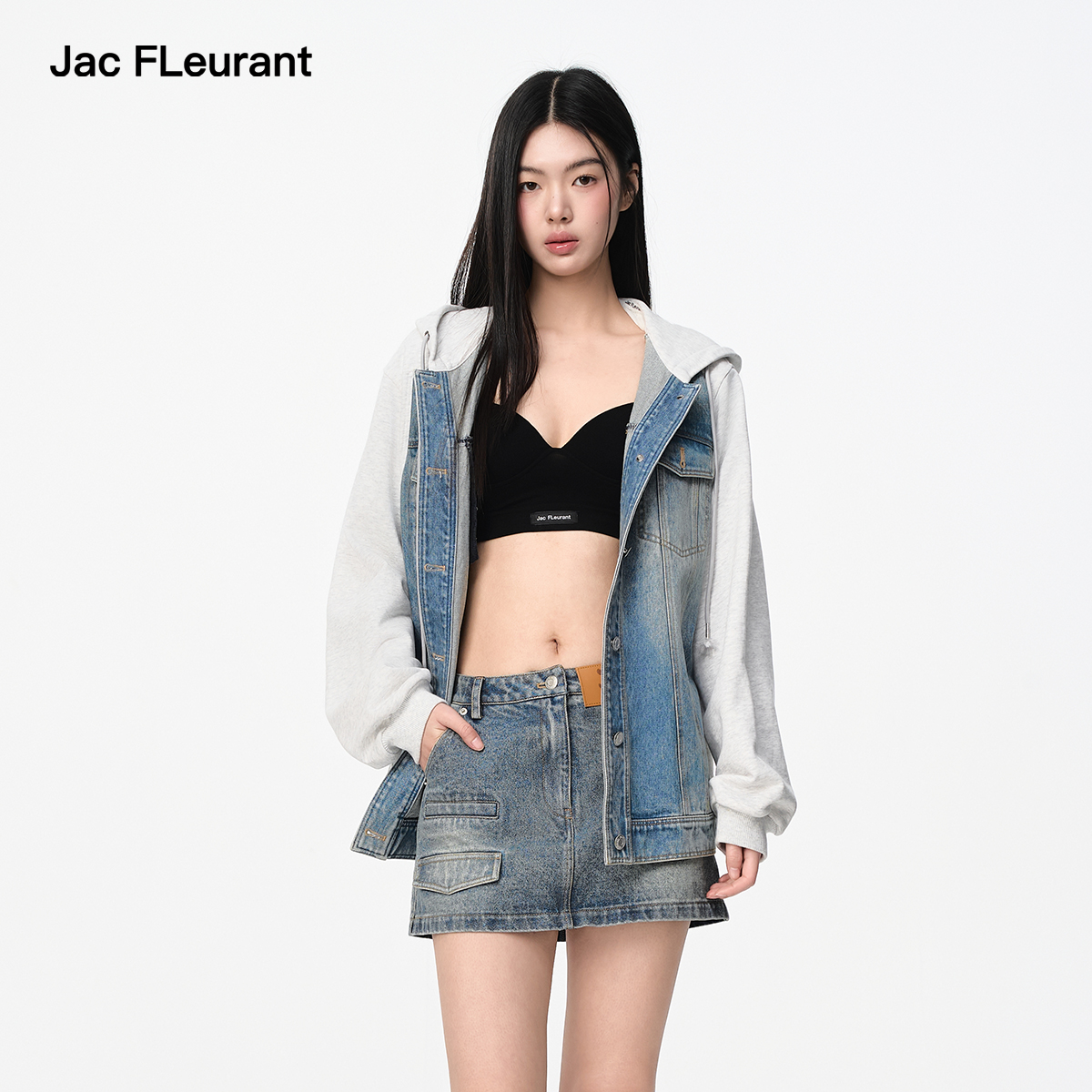 JAC FLEURANT2025秋季新品蓝色牛仔拼接卫衣帽衫时尚宽松休闲