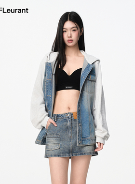 JAC FLEURANT秋季新品蓝色牛仔拼接卫衣帽衫时尚宽松休闲