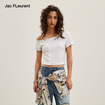 JAC FLEURANT2026春夏新品不对称门襟纽扣露肩小上衣短款纯欲风