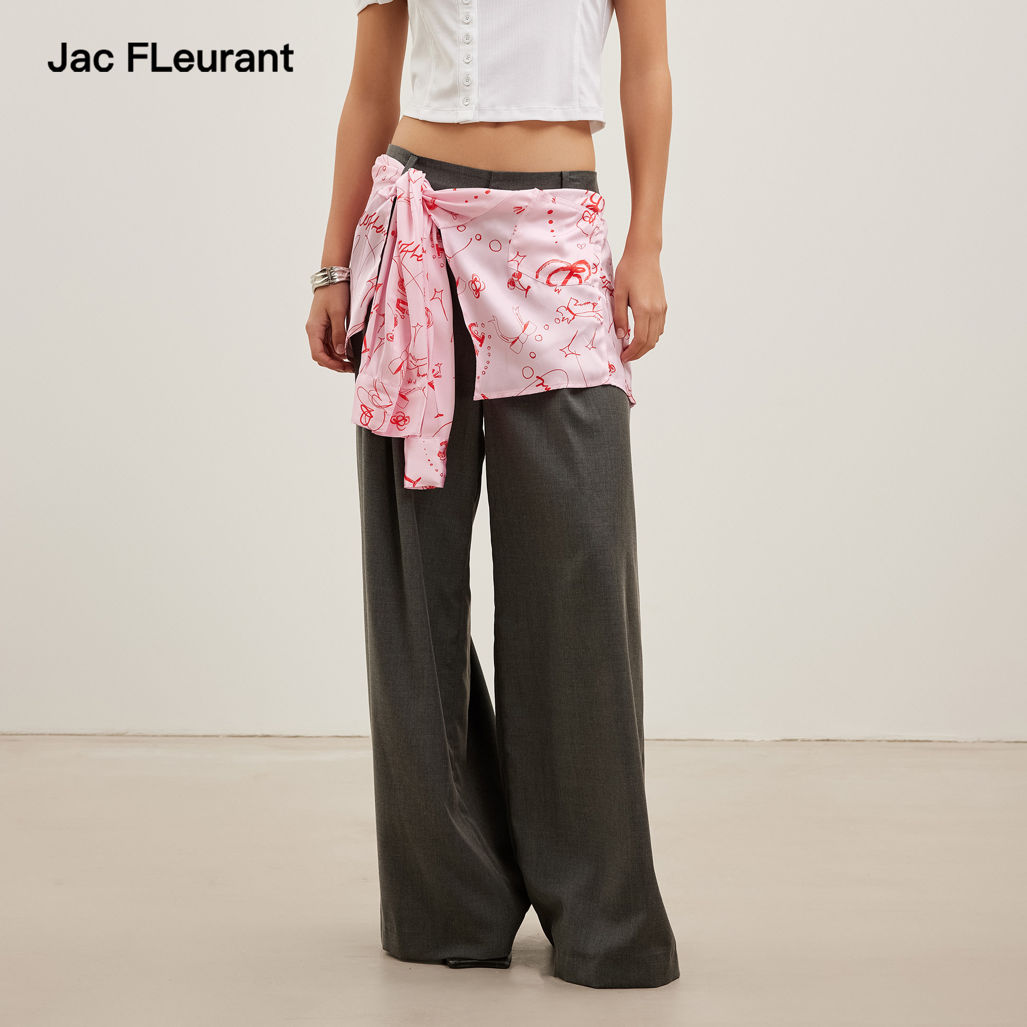 JAC FLEURANT2026春夏新款丝巾涂鸦LOGO印花绑带打结西裤时尚款