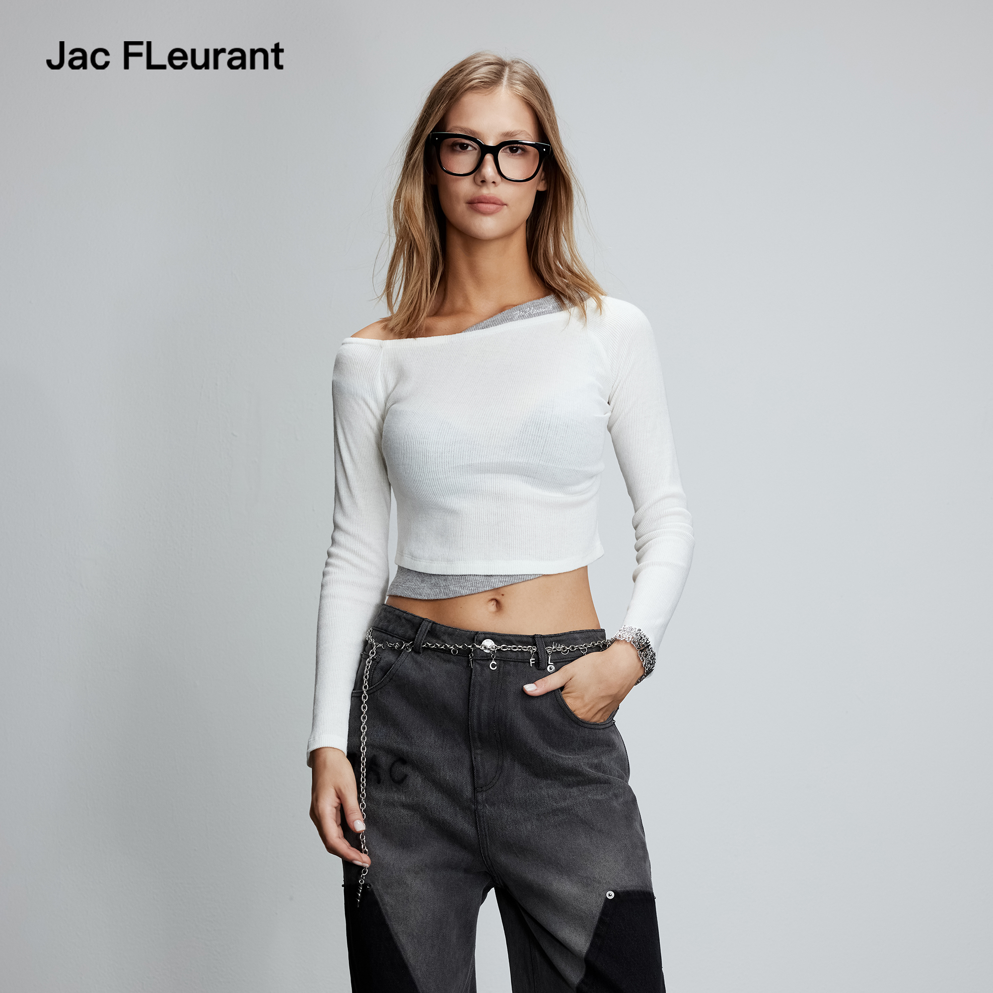 JAC FLEURANT2025早秋新品肌理感拼接撞色露肩上衣黑色白色