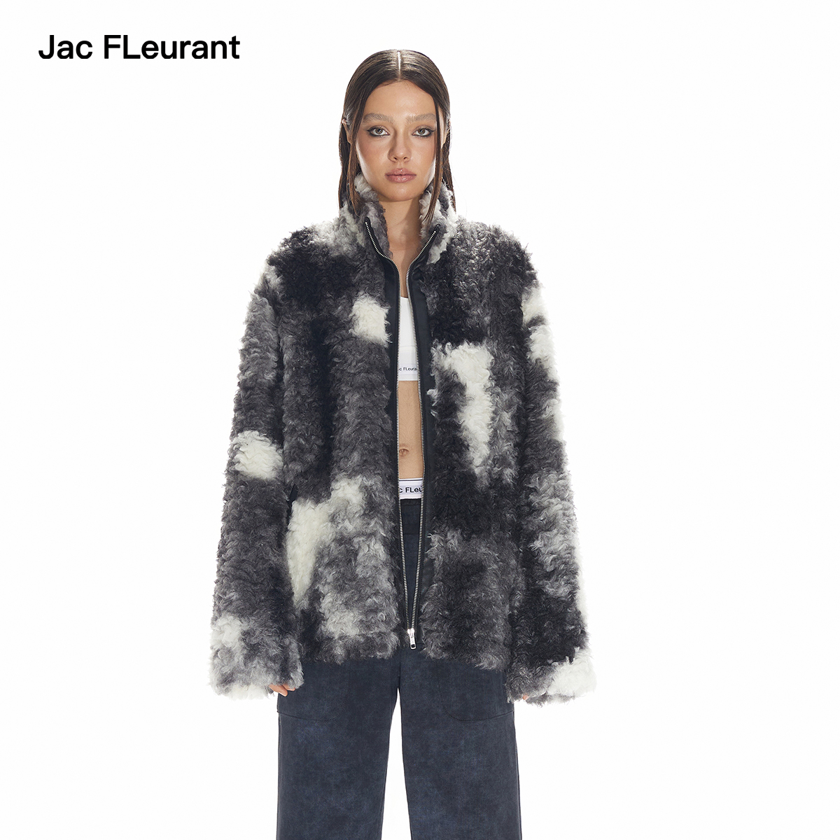 JAC FLEURANT新品黑白扎染卷毛休闲宽松拉链外套