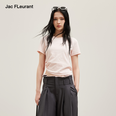 JAC FLEURANT2026夏季新款腰间褶皱露腰短袖T恤短款纯色女装上衣