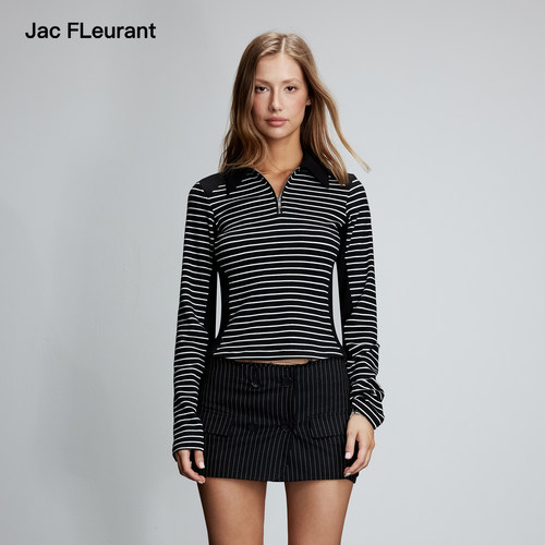 JAC FLEURANT秋冬新品条纹拼接Polo领打底上衣修身显瘦百搭