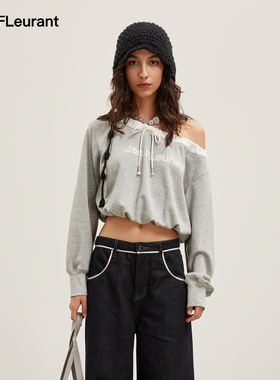 JAC FLEURANT2026春夏新品拼接松紧露肩LOGO印花不规则短款卫衣