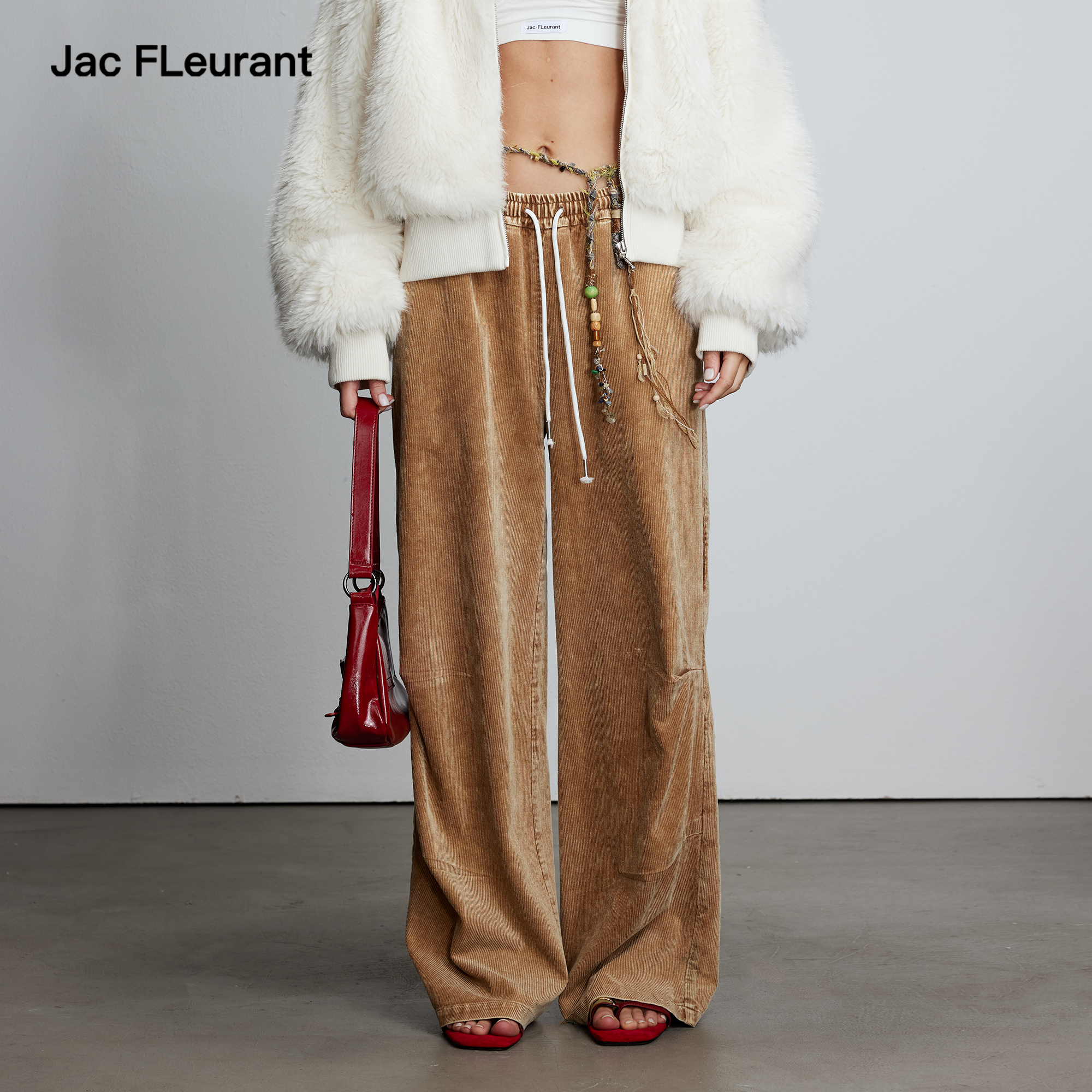 JAC FLEURANT2025秋冬新款复古灯芯绒休闲裤女抽绳宽松阔腿裤