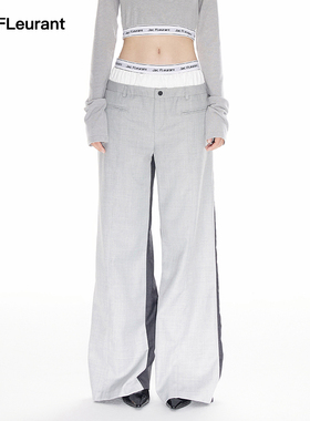 JAC FLEURANT秋冬新款撞色缎面拼接松紧织带LOGO灰色百搭女士西裤