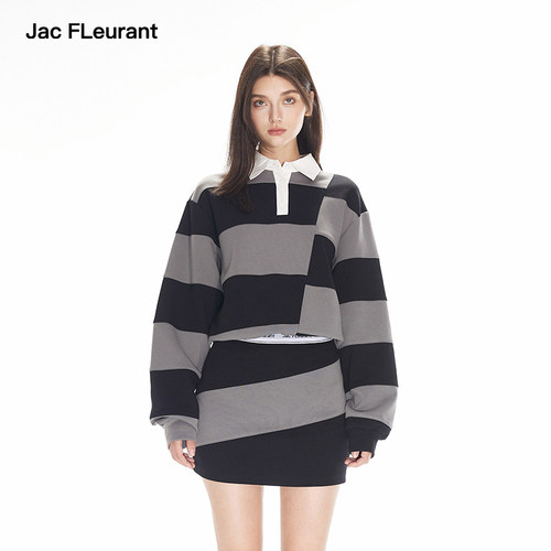 JAC FLEURANT新品黑灰条纹高级感polo领连衣裙