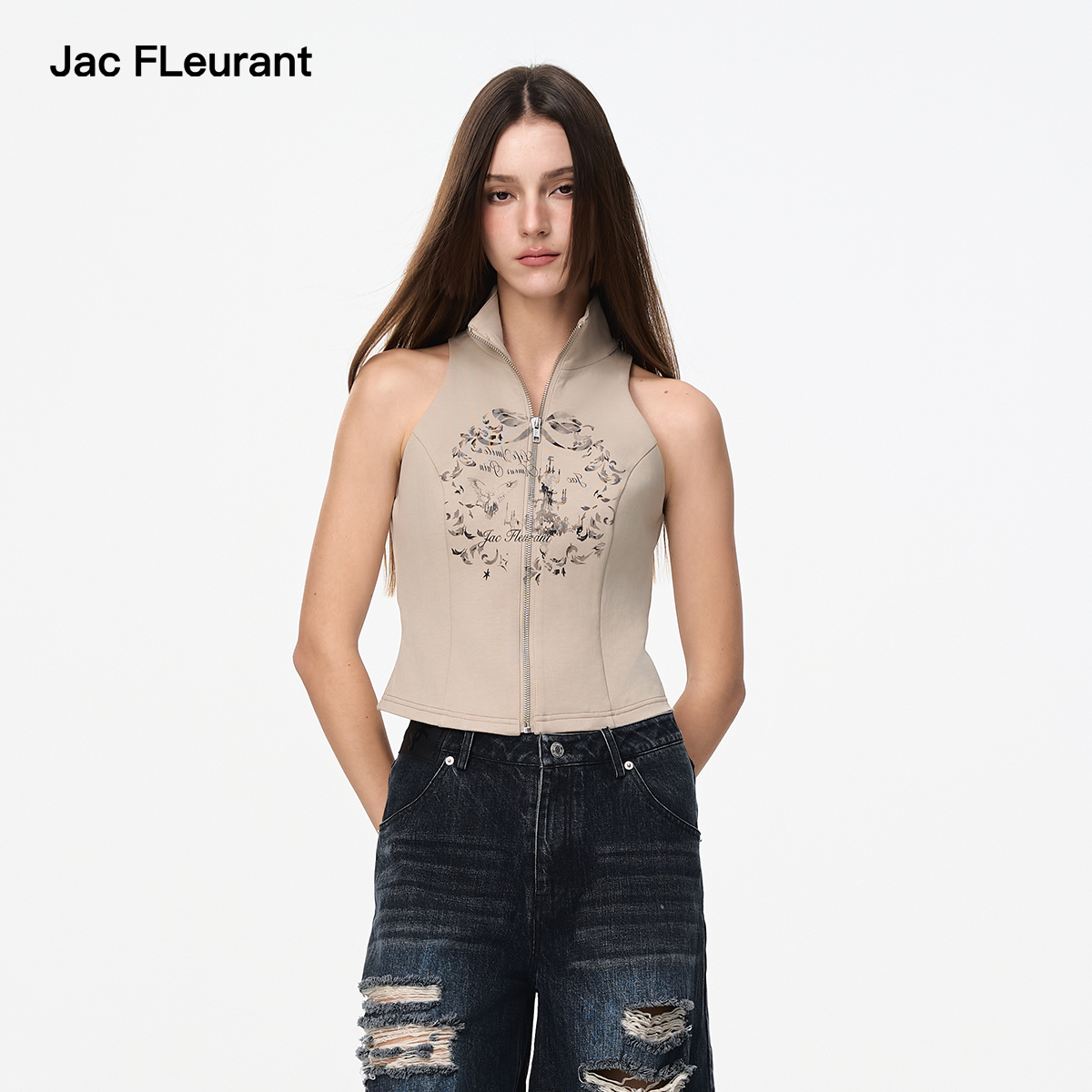 JAC FLEURANT【itzy-lia同款】25夏新款卡其印花无袖拉链女背心