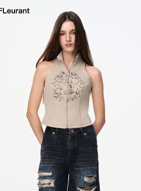 JAC FLEURANT【itzy-lia同款】夏新款卡其印花无袖拉链女背心