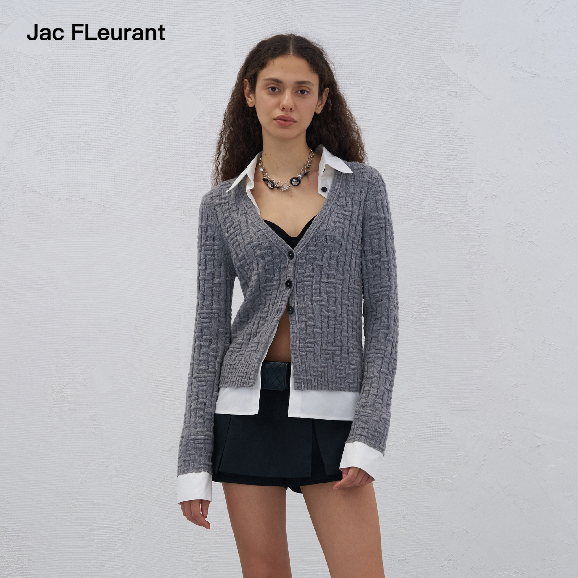 JAC FLEURANT2025秋冬新品肌理感毛衫拼接假两件V领开衫针织女士