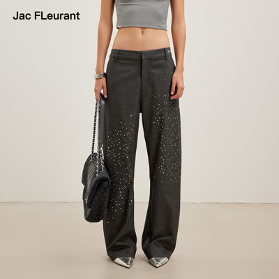 JAC FLEURANT2026春夏新款西裤渐变烫钻垂感弯刀裤女士灰色西裤