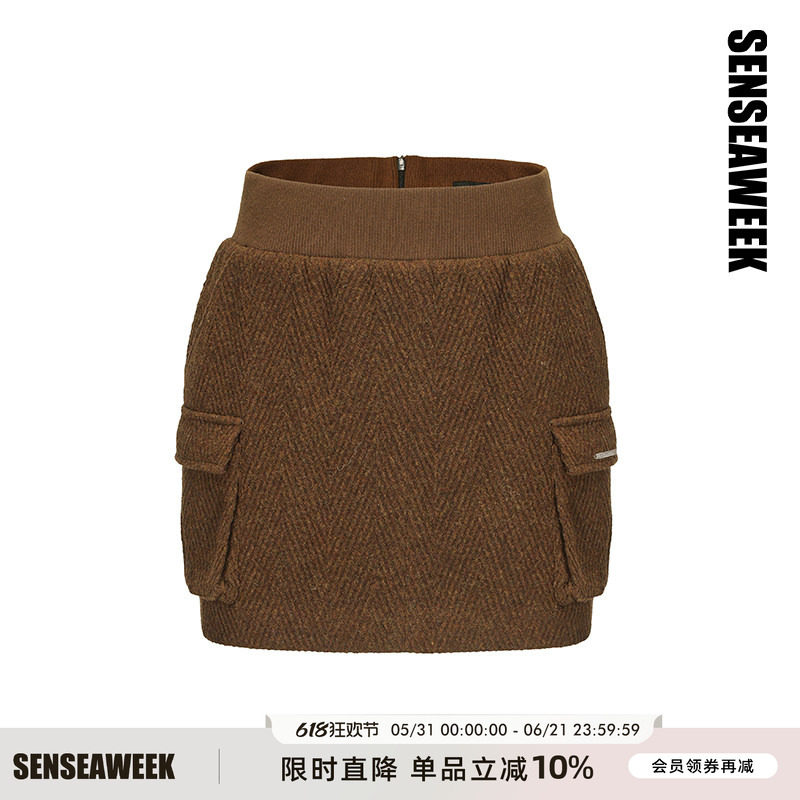 SENSEAWEEK秋冬新品简约老钱风柔软舒适半身裙工装口袋夹棉短裙