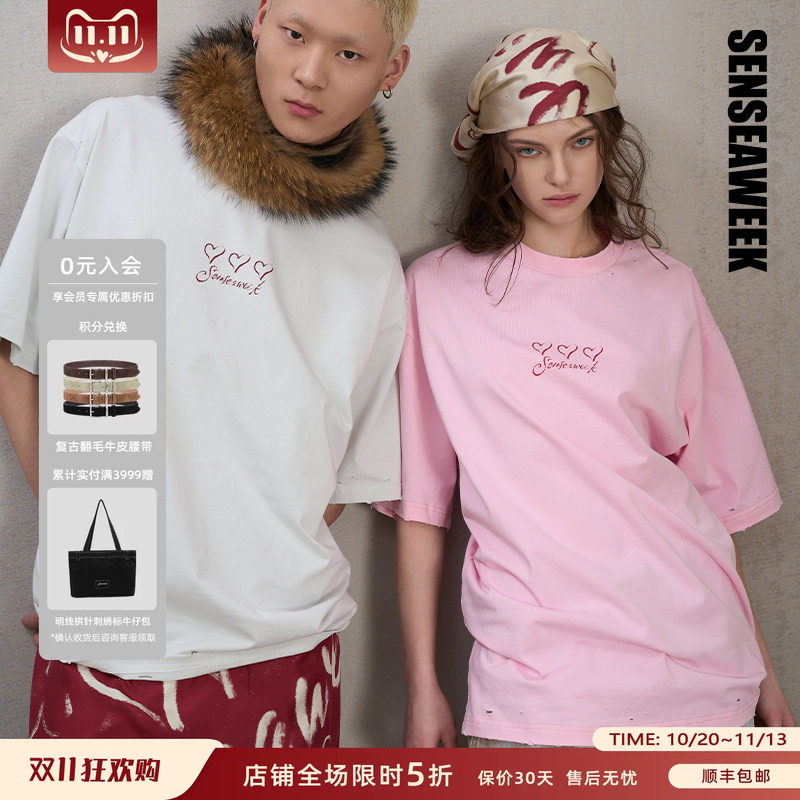 SENSEAWEEK时尚阔版oversize情侣上衣口红涂鸦磨破印花短袖T恤