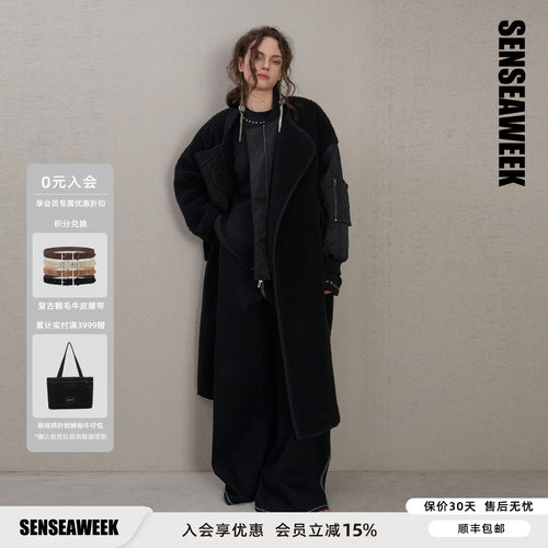 SENSEAWEEK秋季新品休闲通勤保暖上衣羊羔毛拼接不对称长外套