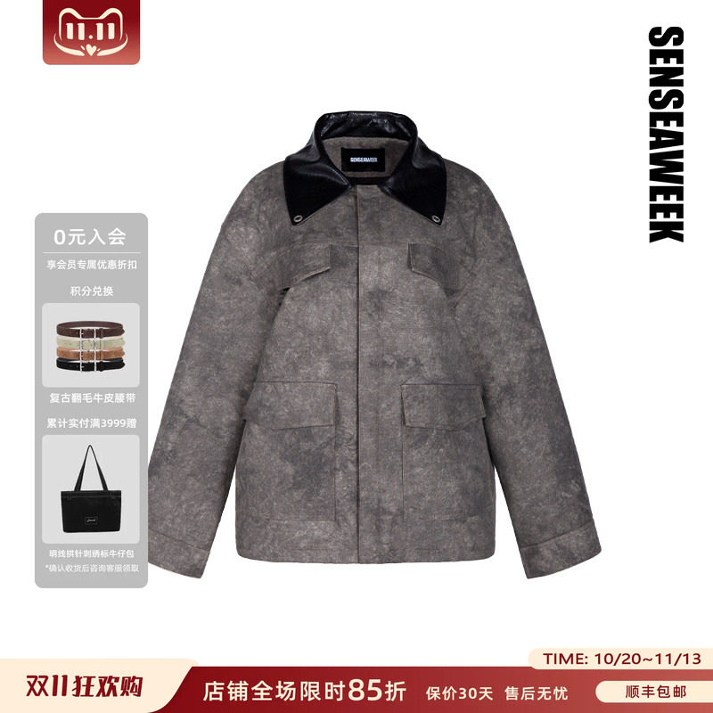 SENSEAWEEK秋冬新品宽松遮肉休闲外套做旧脏染拼皮夹棉工装夹克