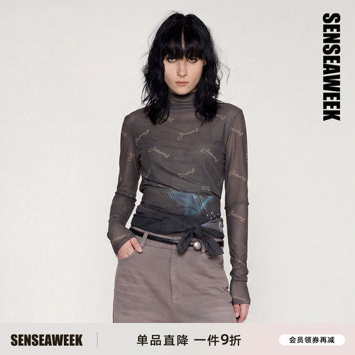 SENSEAWEEK满印logo网纱打底衫